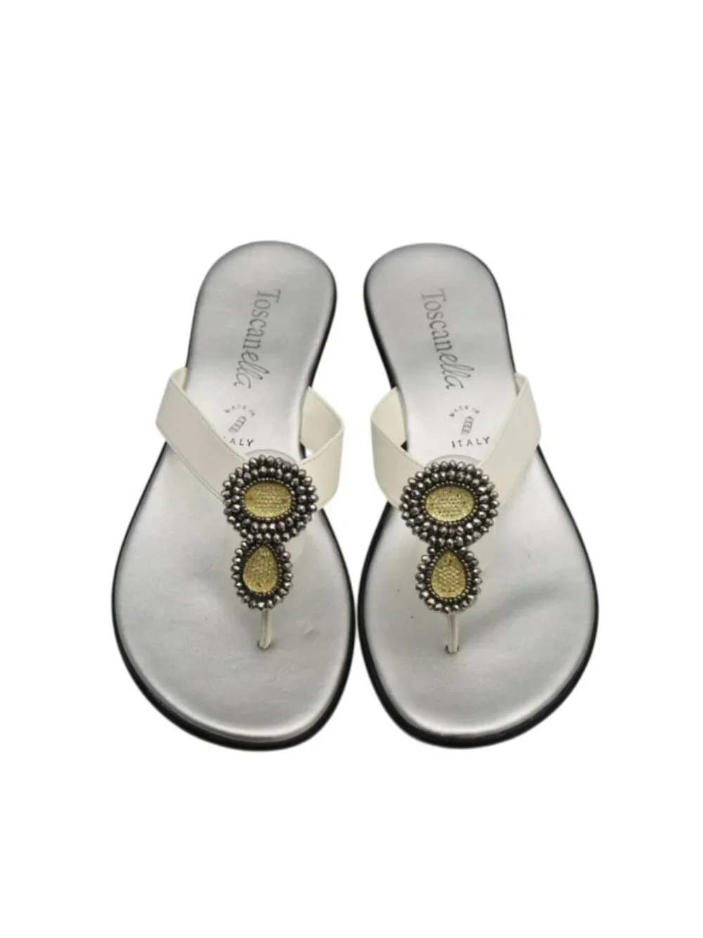 Toscanella Womens 10 White Wedge Sandals Rhinestone Italian Leather Thong Slides